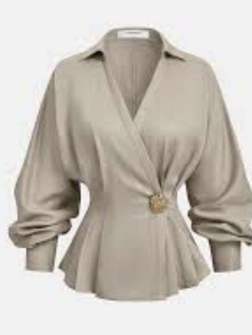 Commense Blouse Top Balloon Sleeve Peplum Linen Gold Statement Button Tan XL NWT - Picture 7 of 7